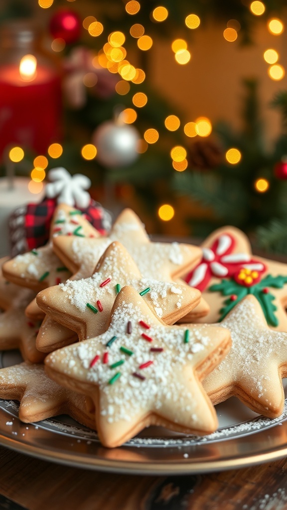Old Fashioned Christmas Cookies Recipe A plate of decorated Christmas cookies in star and tree shapes, sprinkled with sugar, on a festive table.